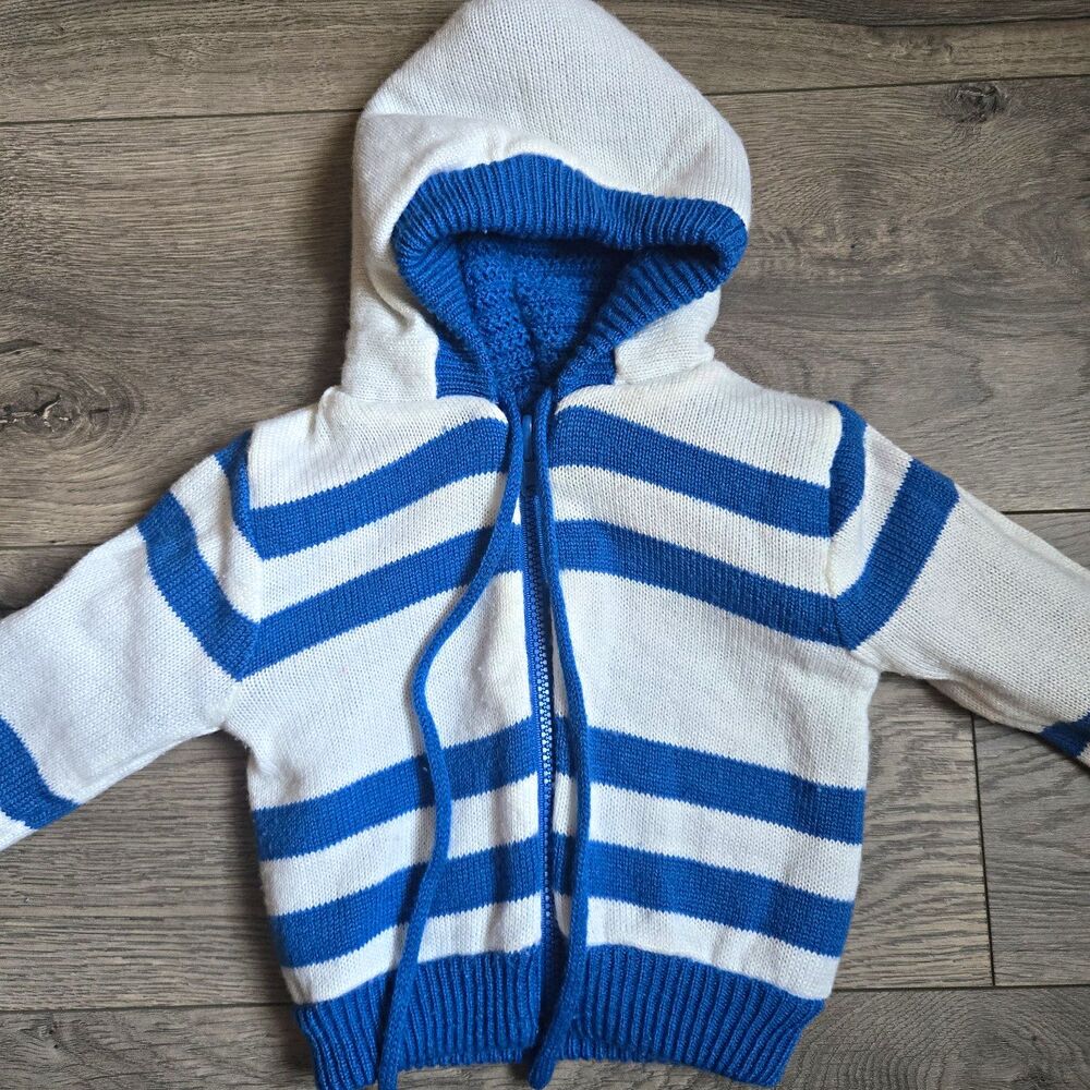 Vintage All Mine Baby Reversible Blue Striped Cable Knit Zip Hooded Sweater 12M